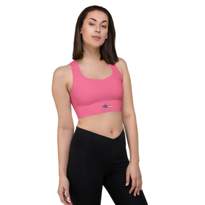 Michigan Upper Peninsula Longline Sports Bra (w/ UP USA Flag) | Rhodochrosite Pink