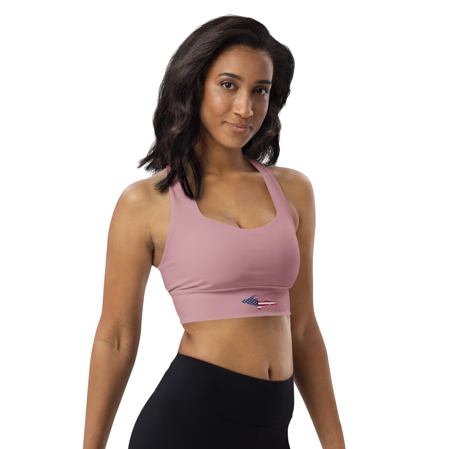 Michigan Upper Peninsula Longline Sports Bra (w/ UP USA Flag) | Cherry Blossom Pink