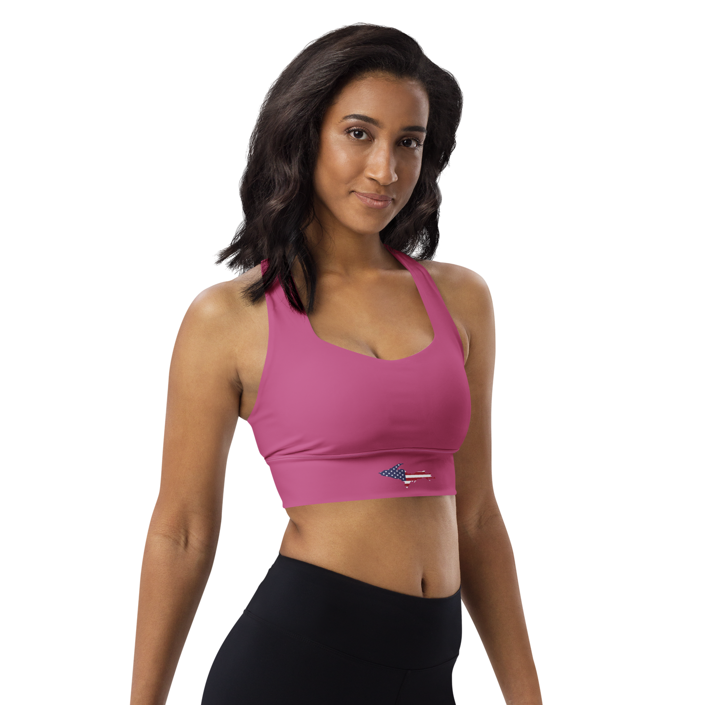 Michigan Upper Peninsula Longline Sports Bra (w/ UP USA Flag) | Apple Blossom Pink