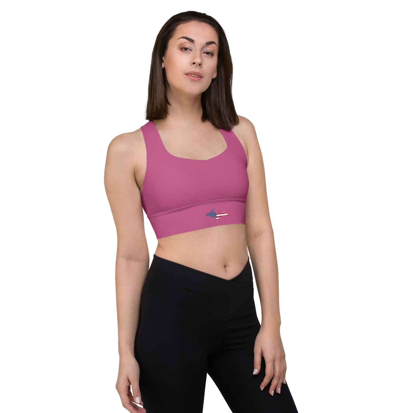 Michigan Upper Peninsula Longline Sports Bra (w/ UP USA Flag) | Apple Blossom Pink