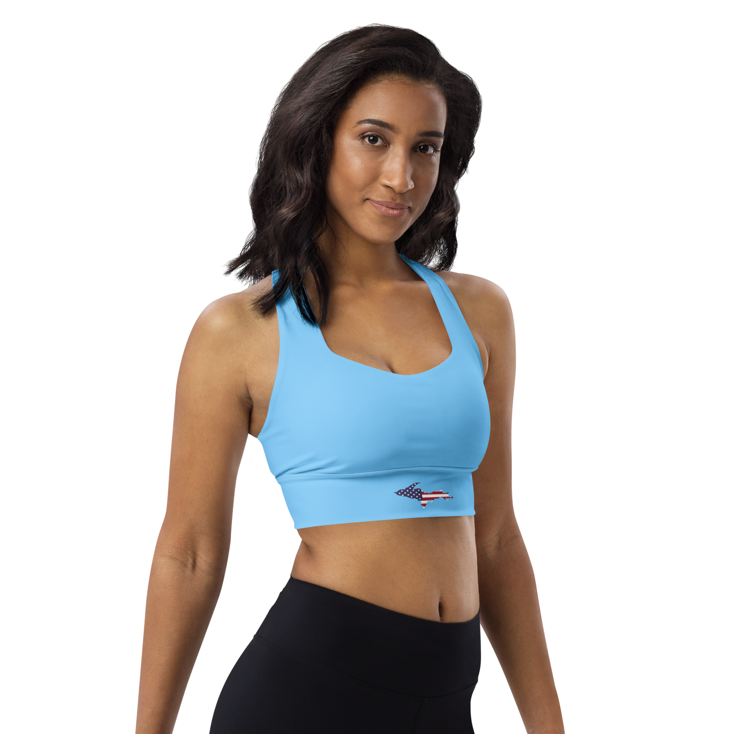 Michigan Upper Peninsula Longline Sports Bra (w/ UP USA Flag) | DTW Blue