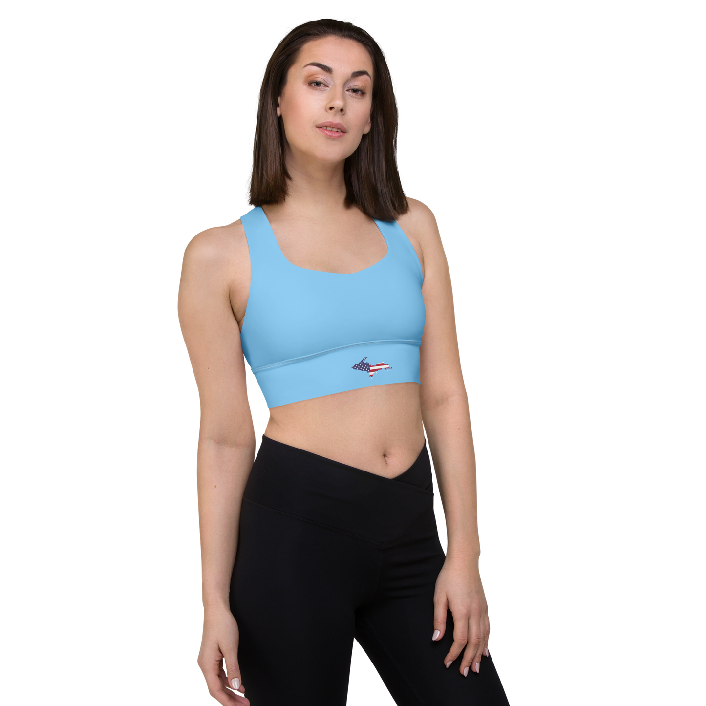 Michigan Upper Peninsula Longline Sports Bra (w/ UP USA Flag) | DTW Blue