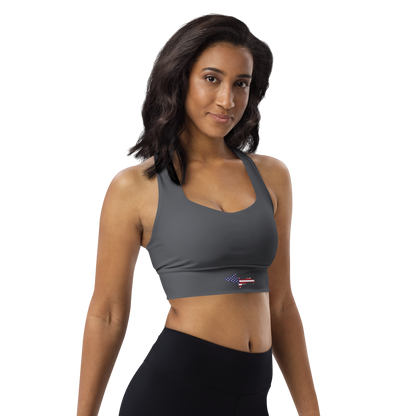 Michigan Upper Peninsula Longline Sports Bra (w/ UP USA Flag) | Iron Ore Grey