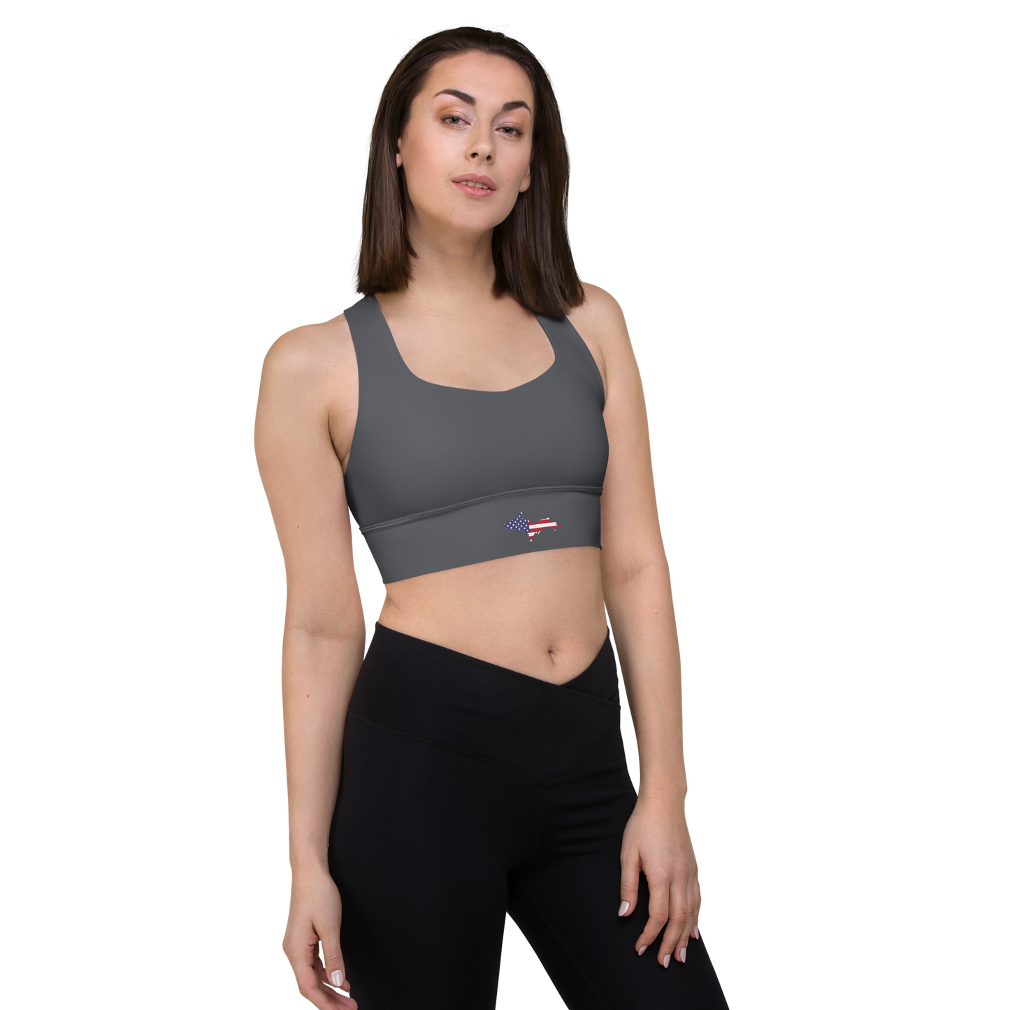 Michigan Upper Peninsula Longline Sports Bra (w/ UP USA Flag) | Iron Ore Grey