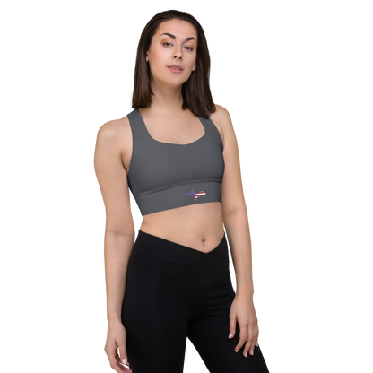 Michigan Upper Peninsula Longline Sports Bra (w/ UP USA Flag) | Iron Ore Grey