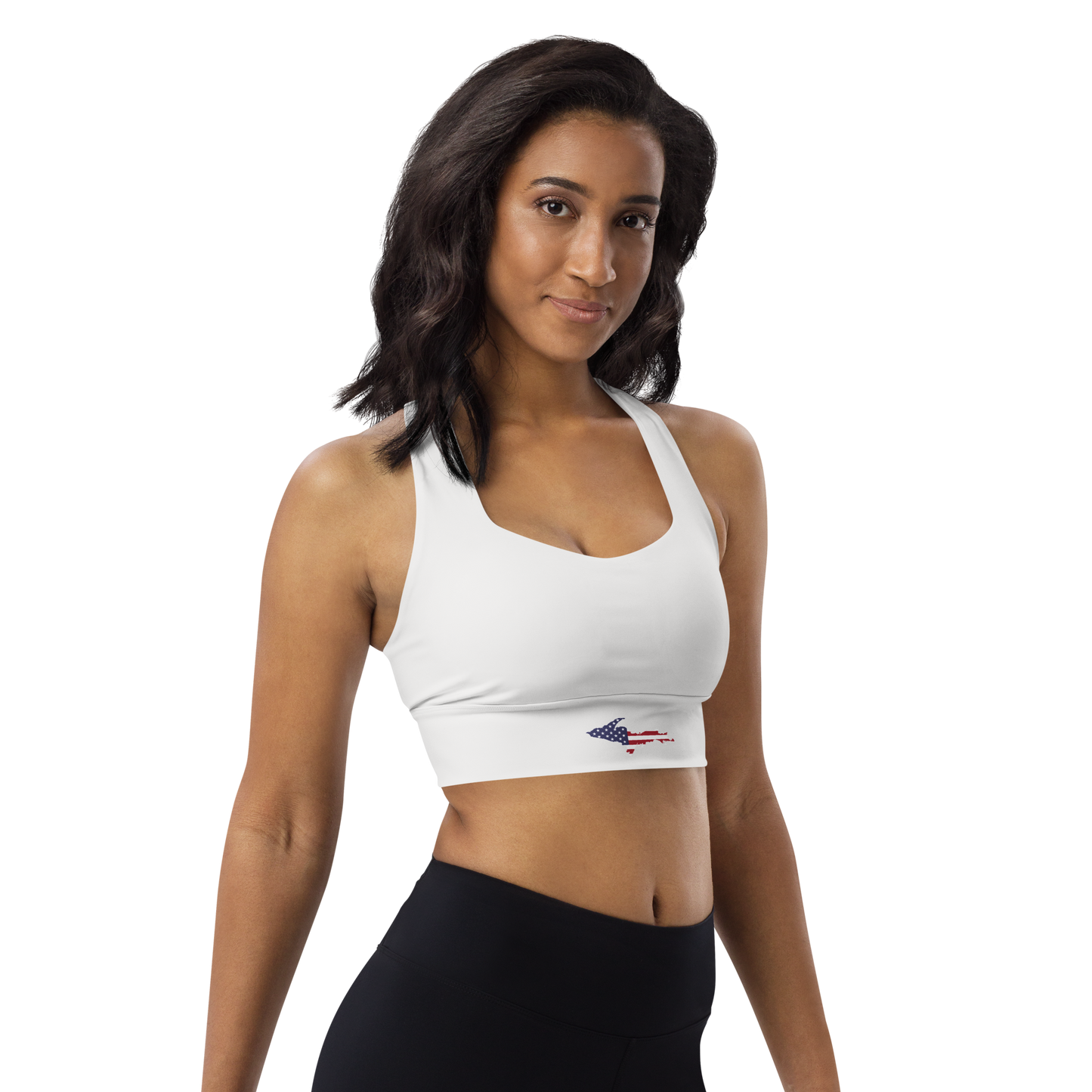 Michigan Upper Peninsula Longline Sports Bra (w/ UP USA Flag) | Birch Bark White