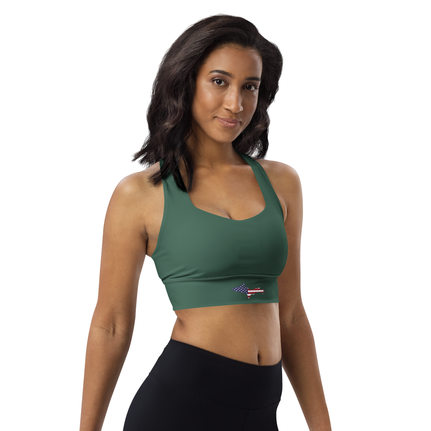 Michigan Upper Peninsula Longline Sports Bra (w/ UP USA Flag) | Ginger Ale Green