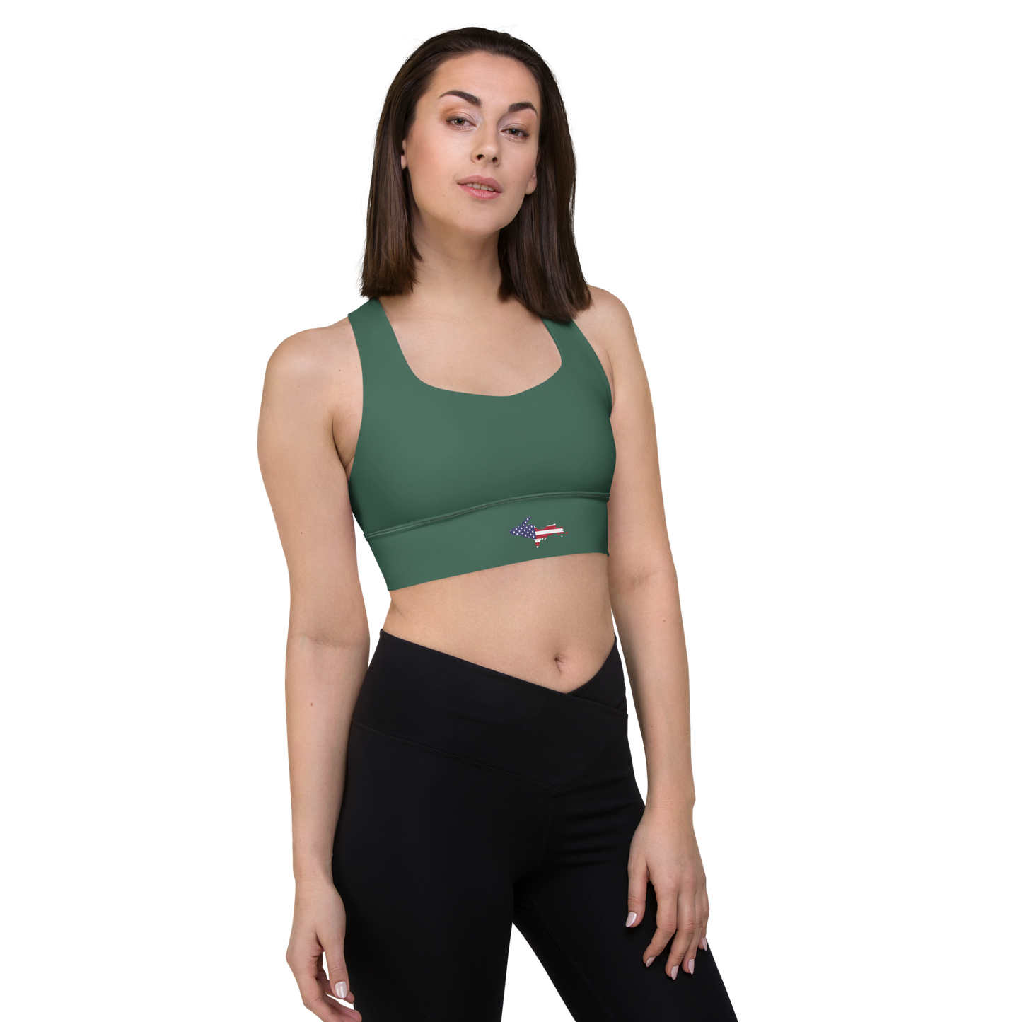 Michigan Upper Peninsula Longline Sports Bra (w/ UP USA Flag) | Ginger Ale Green