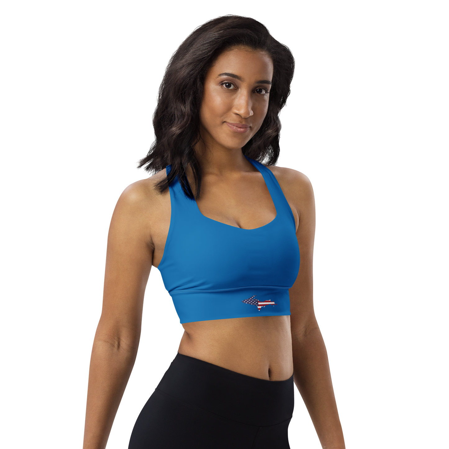 Michigan Upper Peninsula Longline Sports Bra (w/ UP USA Flag) | Azure