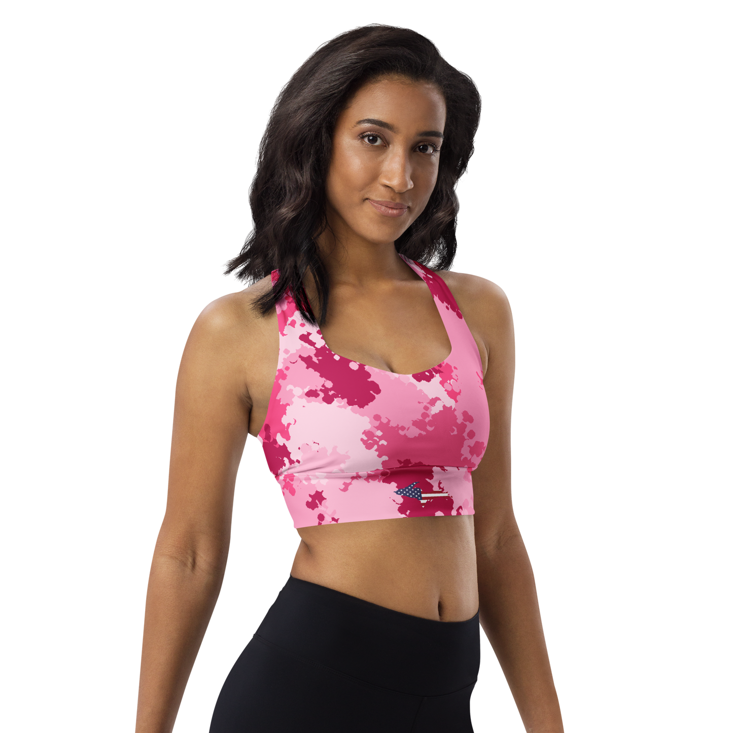 Michigan Upper Peninsula Longline Sports Bra (w/ UP USA Flag) | Pink Camo