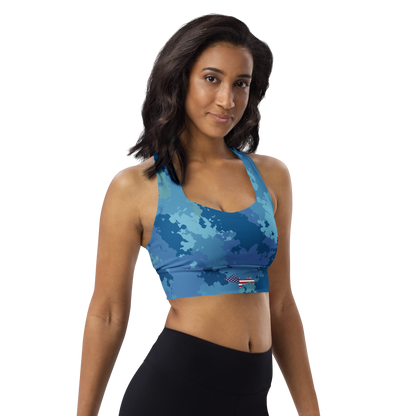 Michigan Upper Peninsula Longline Sports Bra (w/ UP USA Flag) | Great Lakes Camo