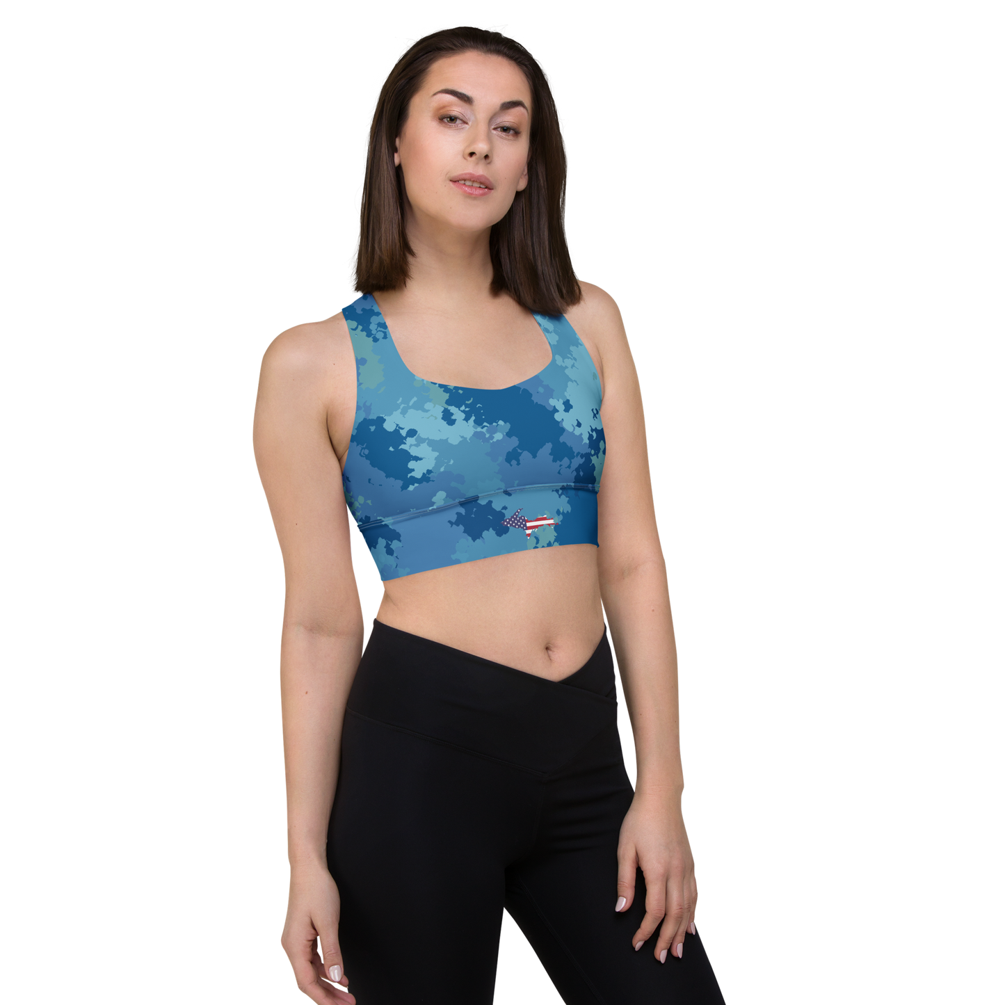 Michigan Upper Peninsula Longline Sports Bra (w/ UP USA Flag) | Great Lakes Camo