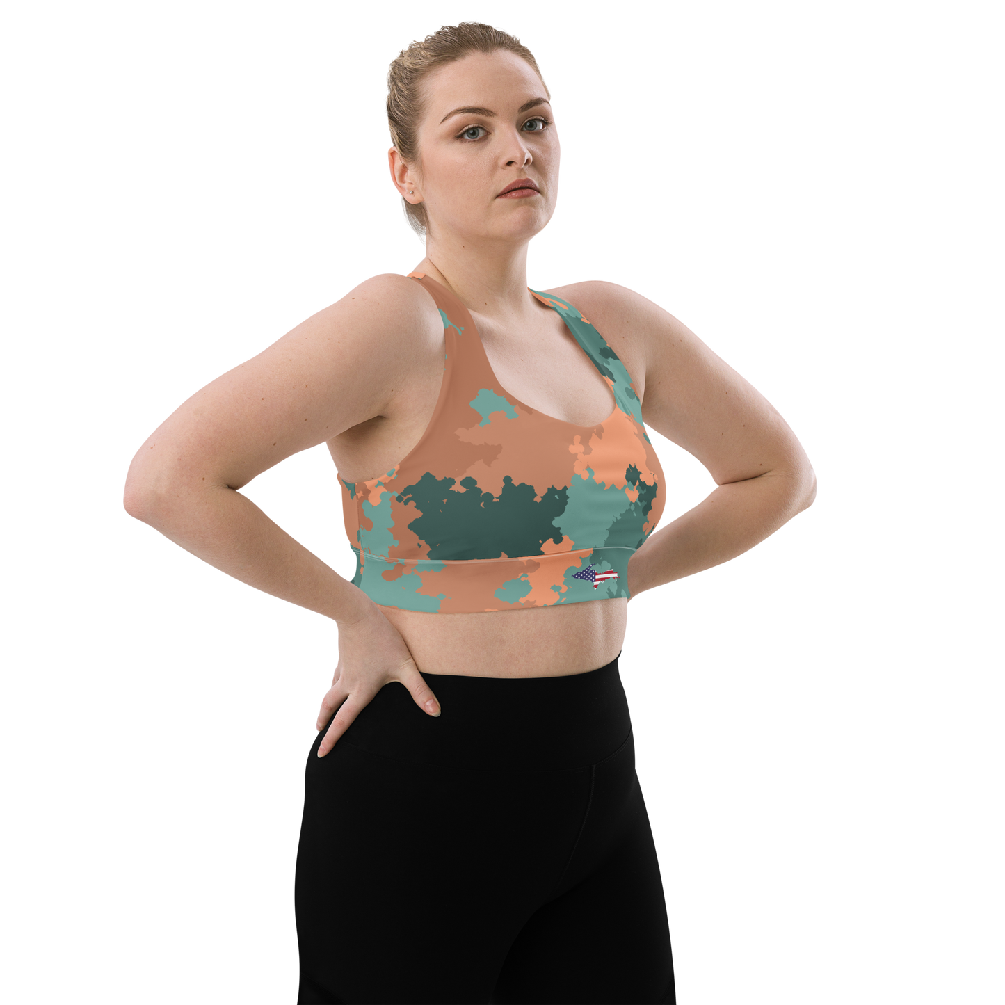 Michigan Upper Peninsula Longline Sports Bra (w/ UP USA Flag) | Copper Green