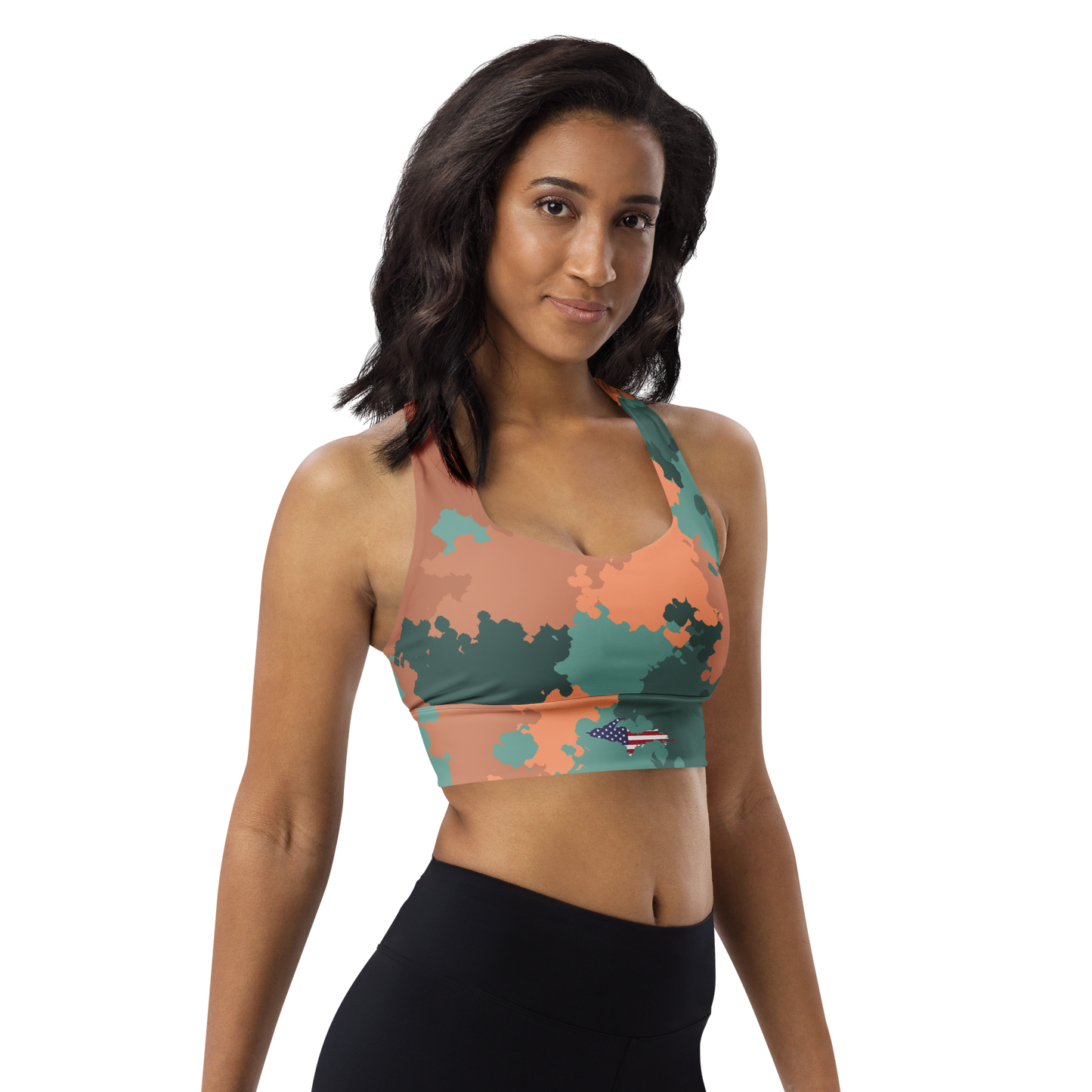 Michigan Upper Peninsula Longline Sports Bra (w/ UP USA Flag) | Copper Green