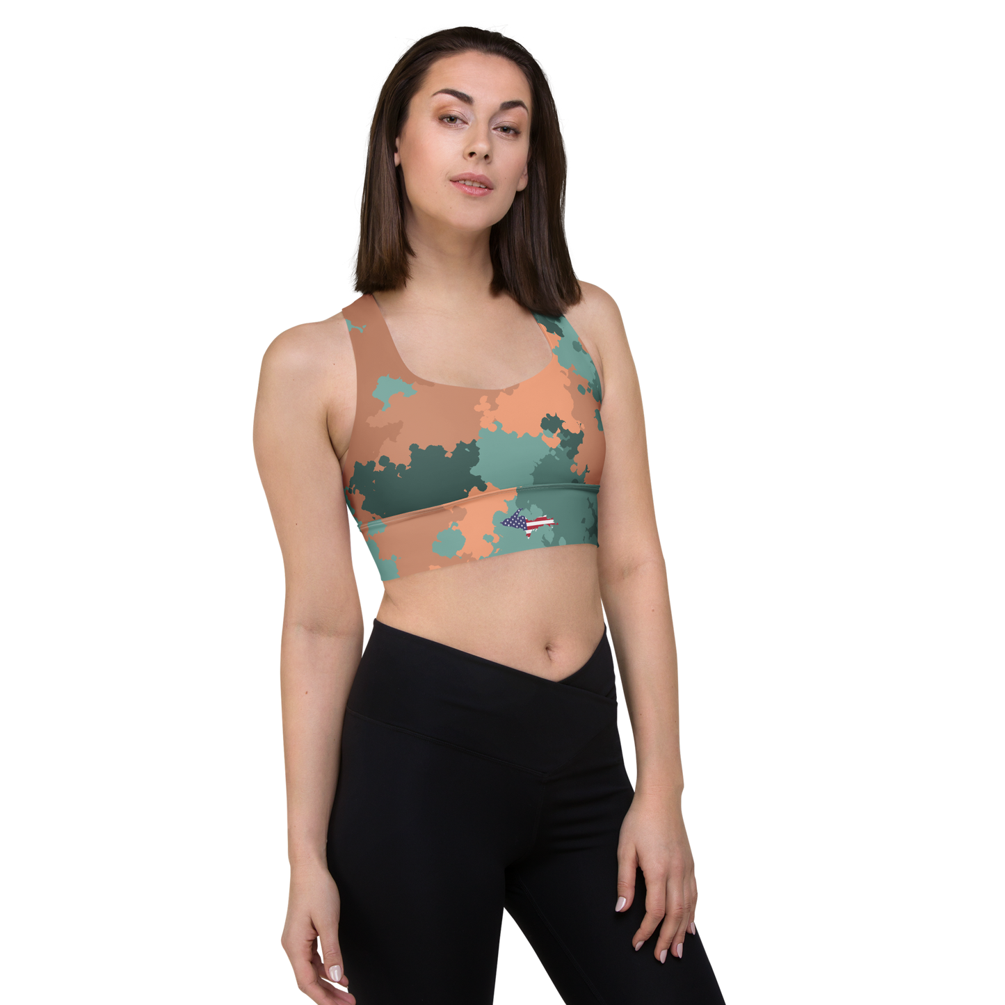 Michigan Upper Peninsula Longline Sports Bra (w/ UP USA Flag) | Copper Green