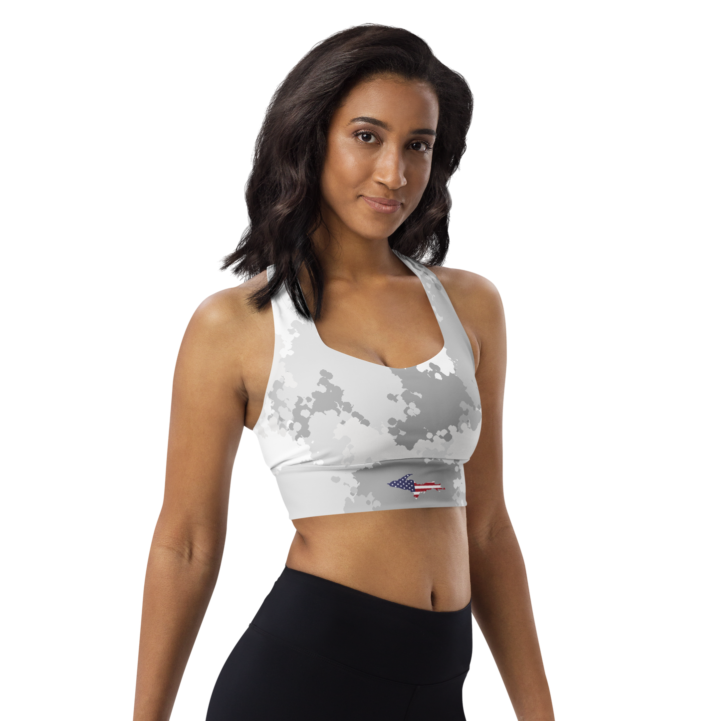 Michigan Upper Peninsula Longline Sports Bra (w/ UP USA Flag) | Snow Camo