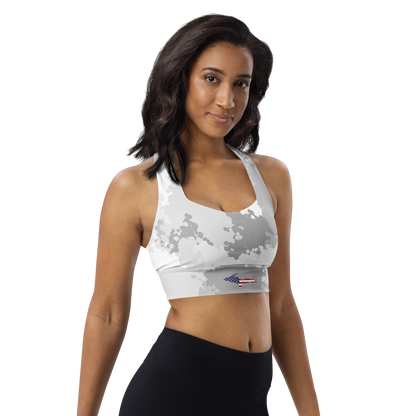 Michigan Upper Peninsula Longline Sports Bra (w/ UP USA Flag) | Snow Camo