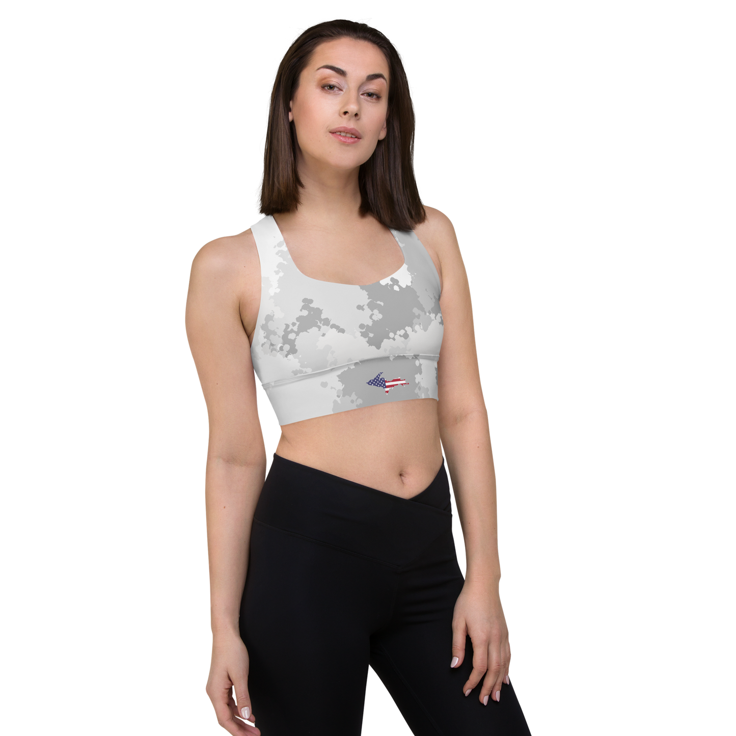 Michigan Upper Peninsula Longline Sports Bra (w/ UP USA Flag) | Snow Camo