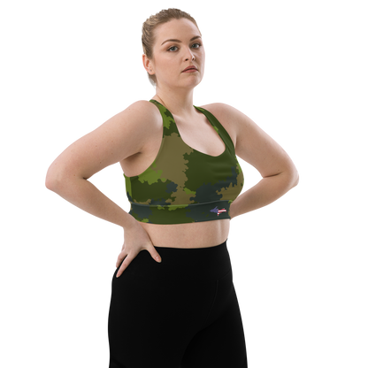 Michigan Upper Peninsula Longline Sports Bra (w/ UP USA Flag) | Camouflage Green