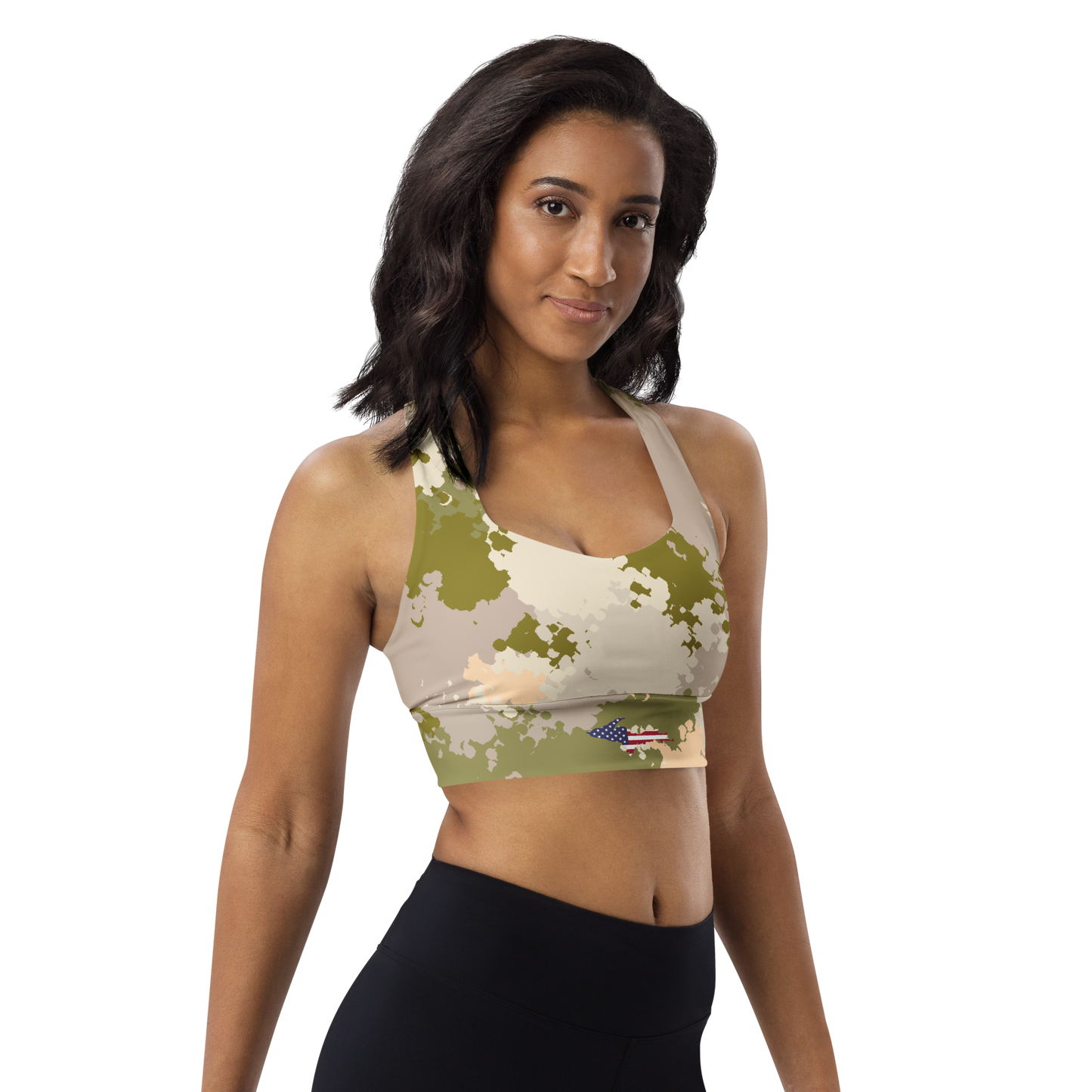 Michigan Upper Peninsula Longline Sports Bra (w/ UP USA Flag) | Rosy Mound Camo