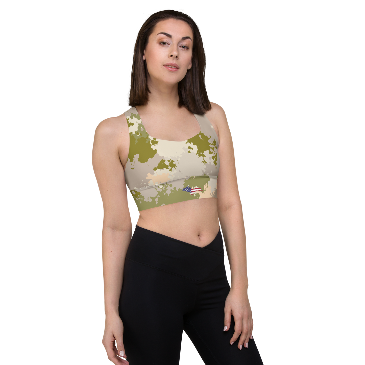 Michigan Upper Peninsula Longline Sports Bra (w/ UP USA Flag) | Rosy Mound Camo