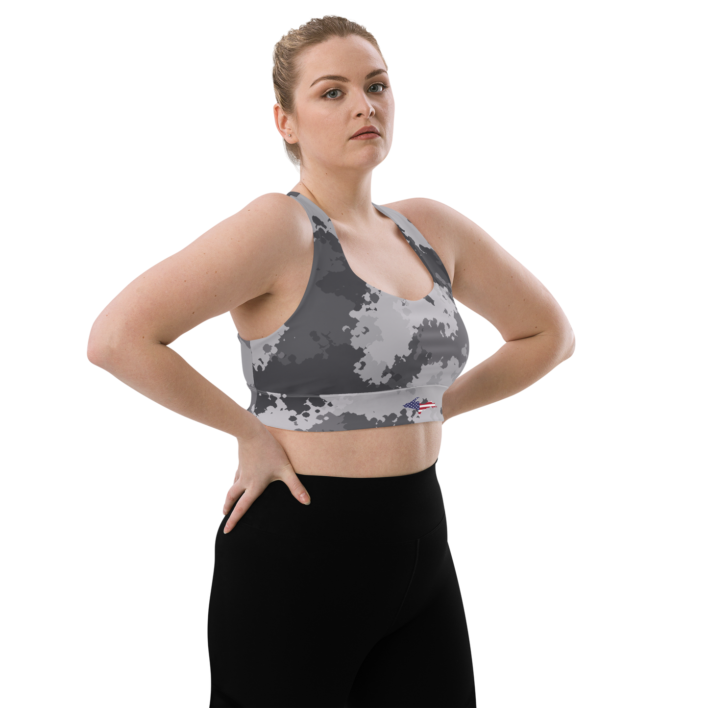 Michigan Upper Peninsula Longline Sports Bra (w/ UP USA Flag) | Iron Ore Camo