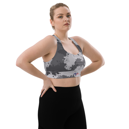 Michigan Upper Peninsula Longline Sports Bra (w/ UP USA Flag) | Iron Ore Camo