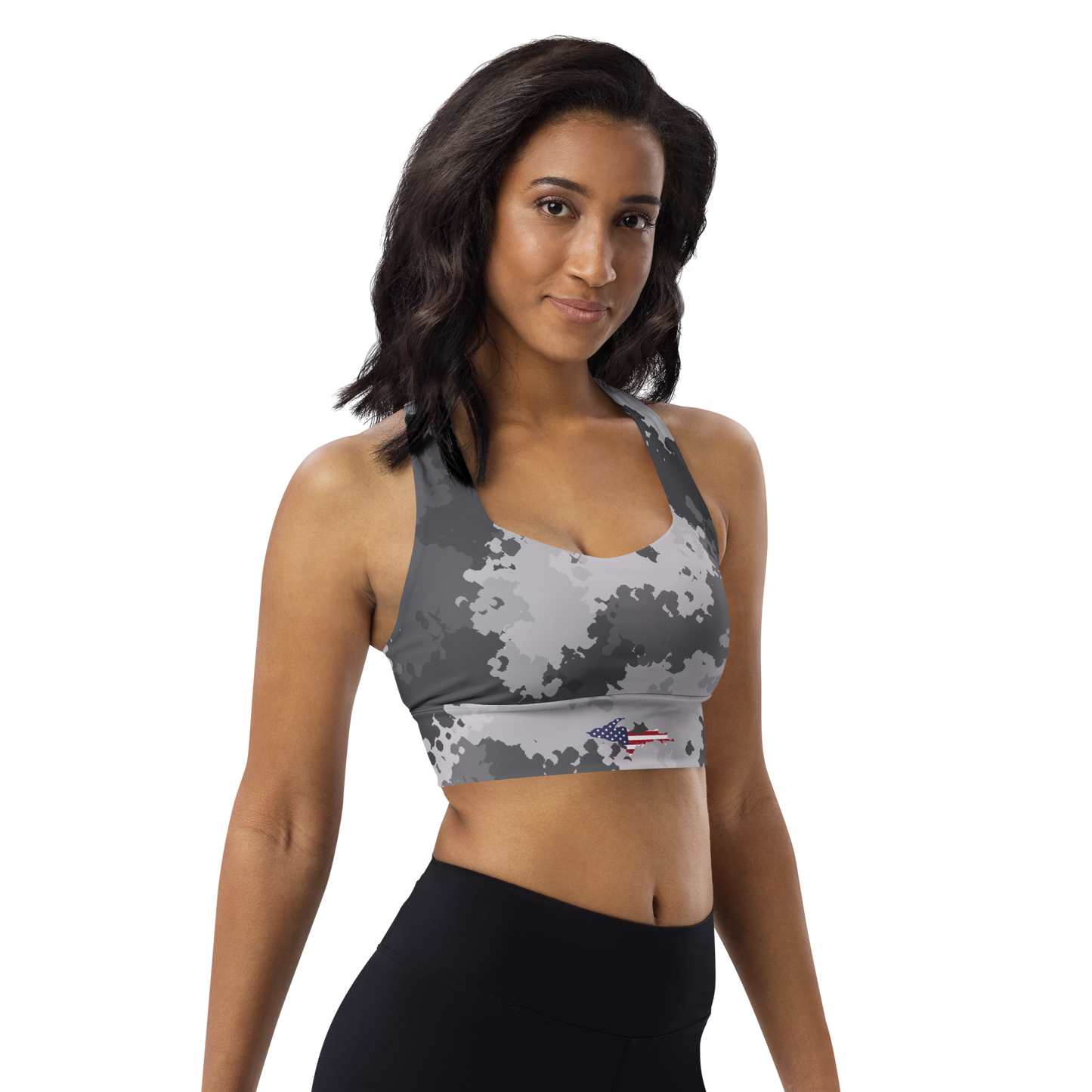 Michigan Upper Peninsula Longline Sports Bra (w/ UP USA Flag) | Iron Ore Camo