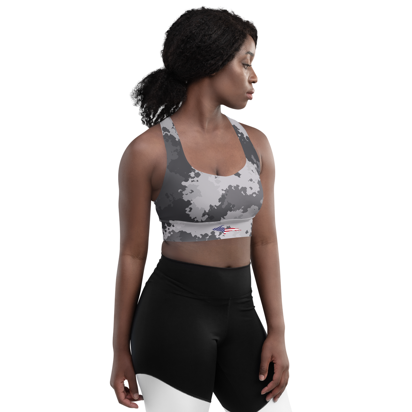 Michigan Upper Peninsula Longline Sports Bra (w/ UP USA Flag) | Iron Ore Camo