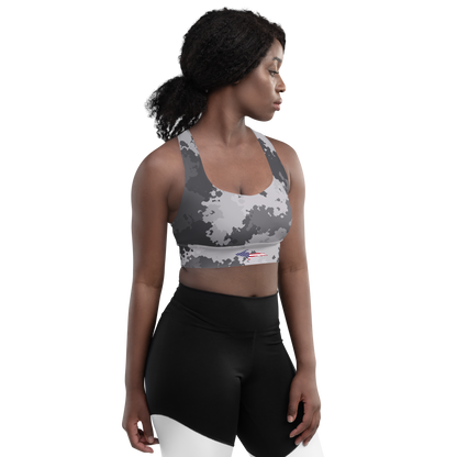 Michigan Upper Peninsula Longline Sports Bra (w/ UP USA Flag) | Iron Ore Camo