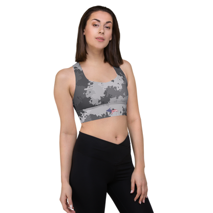 Michigan Upper Peninsula Longline Sports Bra (w/ UP USA Flag) | Iron Ore Camo