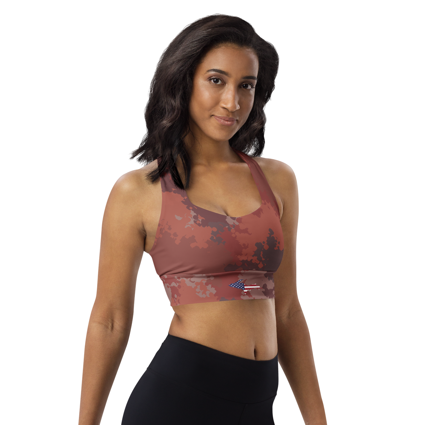 Michigan Upper Peninsula Longline Sports Bra (w/ UP USA Flag) | Ore Dock Camo