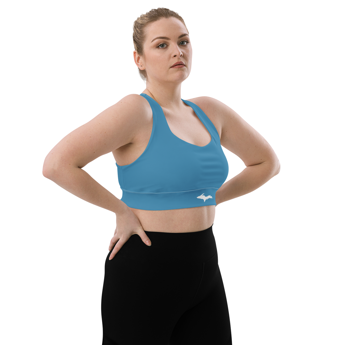 Michigan Upper Peninsula Longline Sports Bra (w/ UP Outline) | Lake Michigan Blue