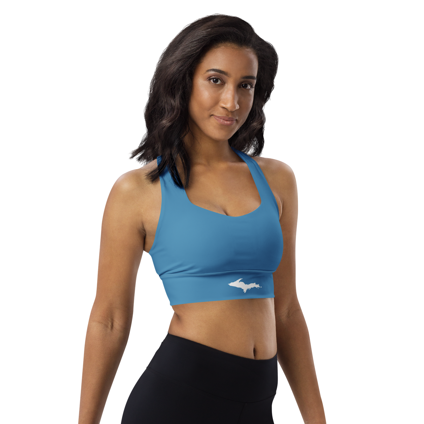 Michigan Upper Peninsula Longline Sports Bra (w/ UP Outline) | Lake Michigan Blue