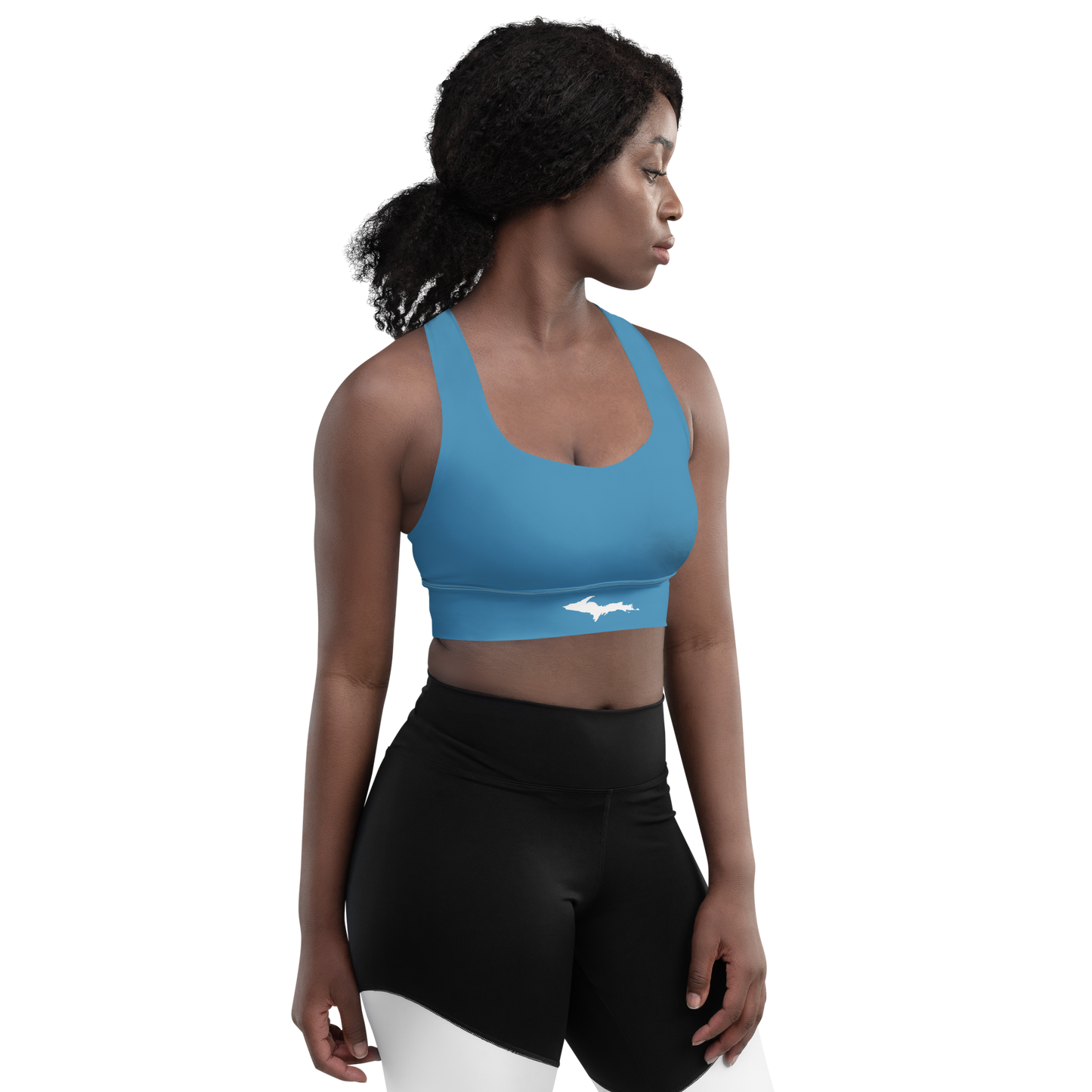 Michigan Upper Peninsula Longline Sports Bra (w/ UP Outline) | Lake Michigan Blue