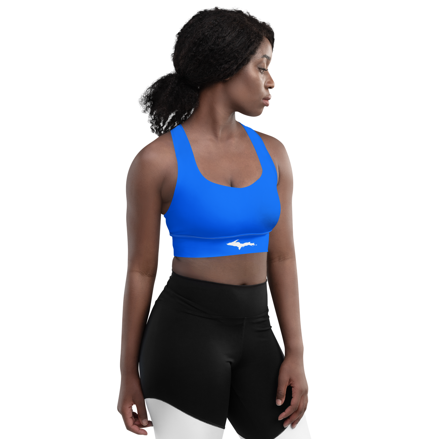 Michigan Upper Peninsula Longline Sports Bra (w/ UP Outline) | Motor Town Blue