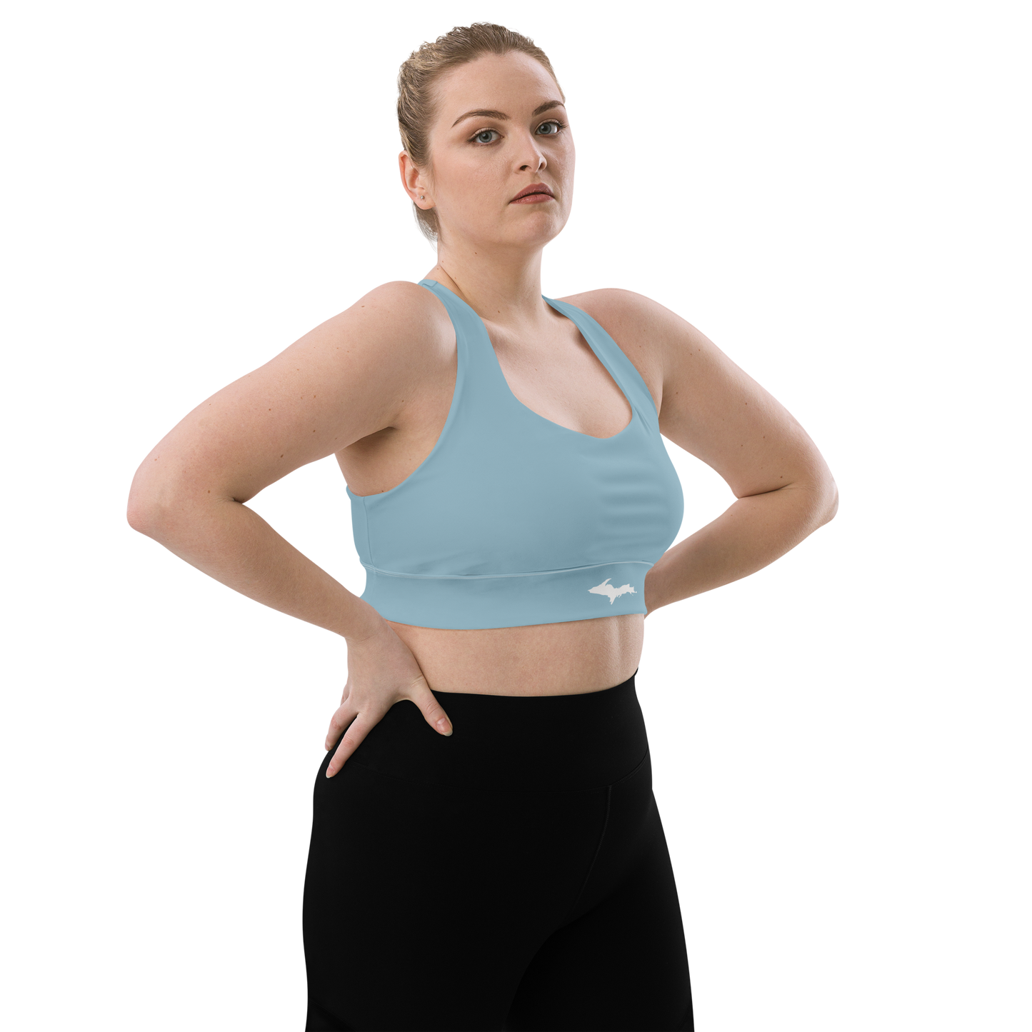 Michigan Upper Peninsula Longline Sports Bra (w/ UP Outline) | Opal Blue