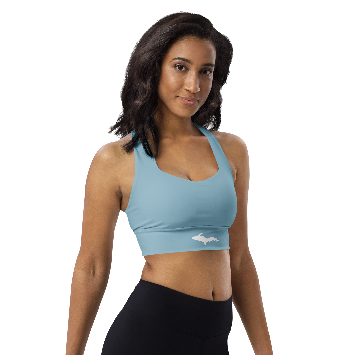 Michigan Upper Peninsula Longline Sports Bra (w/ UP Outline) | Opal Blue