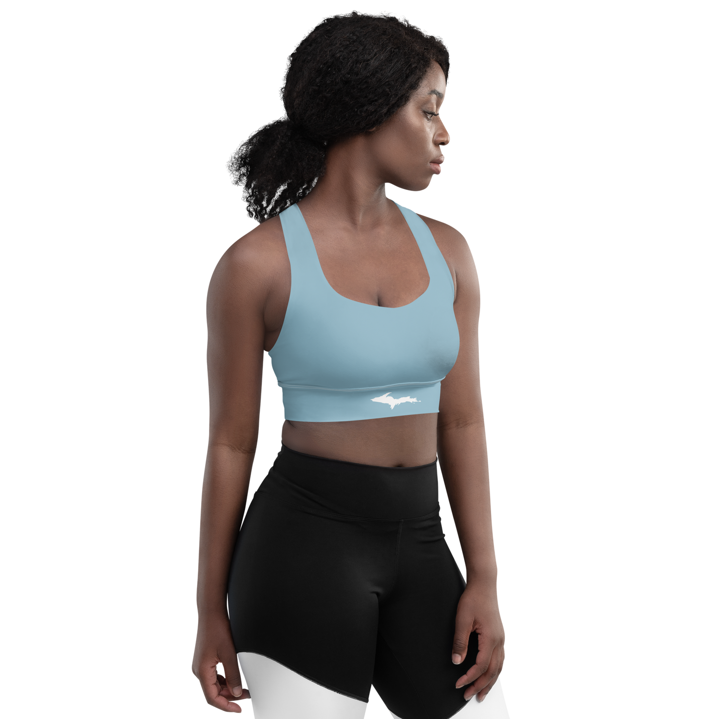 Michigan Upper Peninsula Longline Sports Bra (w/ UP Outline) | Opal Blue