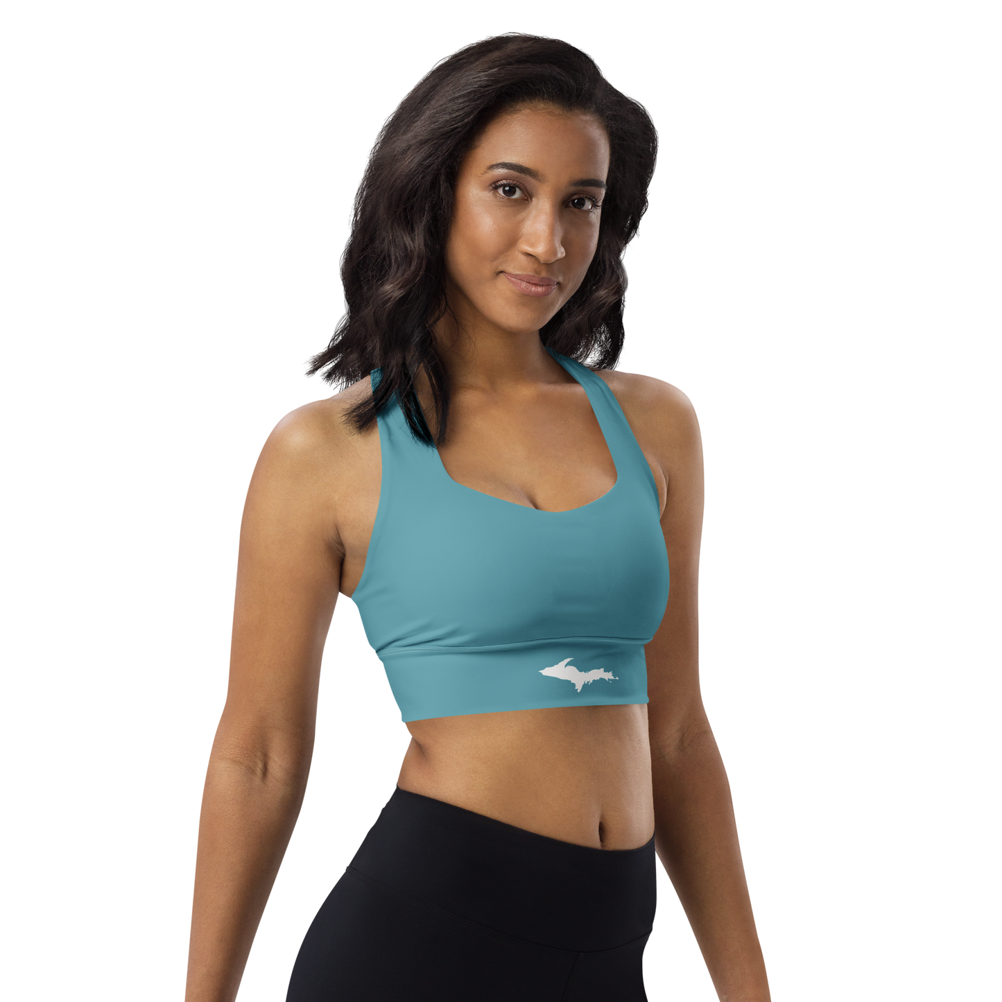 Michigan Upper Peninsula Longline Sports Bra (w/ UP Outline) | Lake Huron Blue