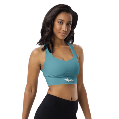 Michigan Upper Peninsula Longline Sports Bra (w/ UP Outline) | Lake Huron Blue