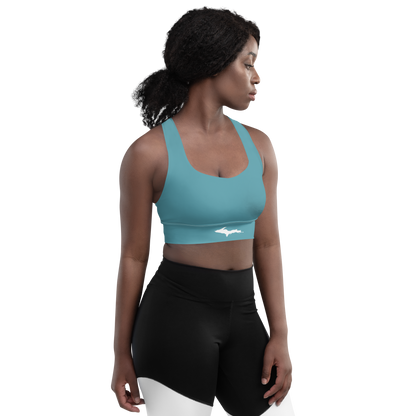 Michigan Upper Peninsula Longline Sports Bra (w/ UP Outline) | Lake Huron Blue