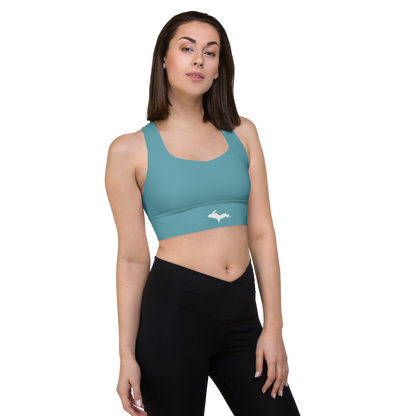 Michigan Upper Peninsula Longline Sports Bra (w/ UP Outline) | Lake Huron Blue