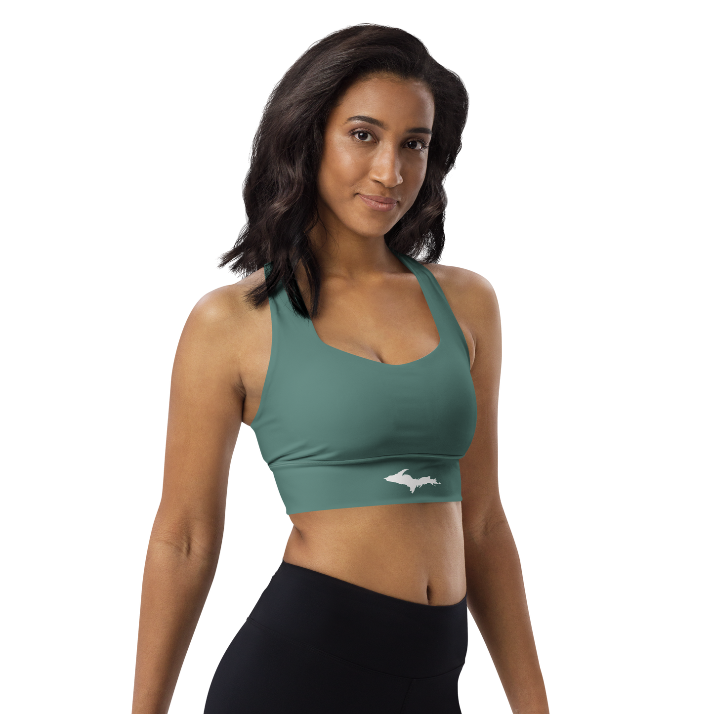 Michigan Upper Peninsula Longline Sports Bra (w/ UP Outline) | Copper Green