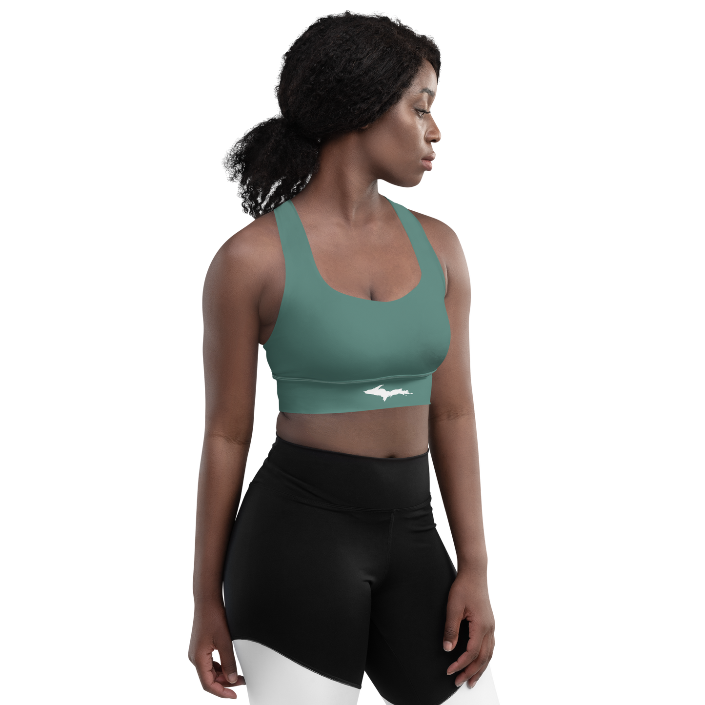 Michigan Upper Peninsula Longline Sports Bra (w/ UP Outline) | Copper Green