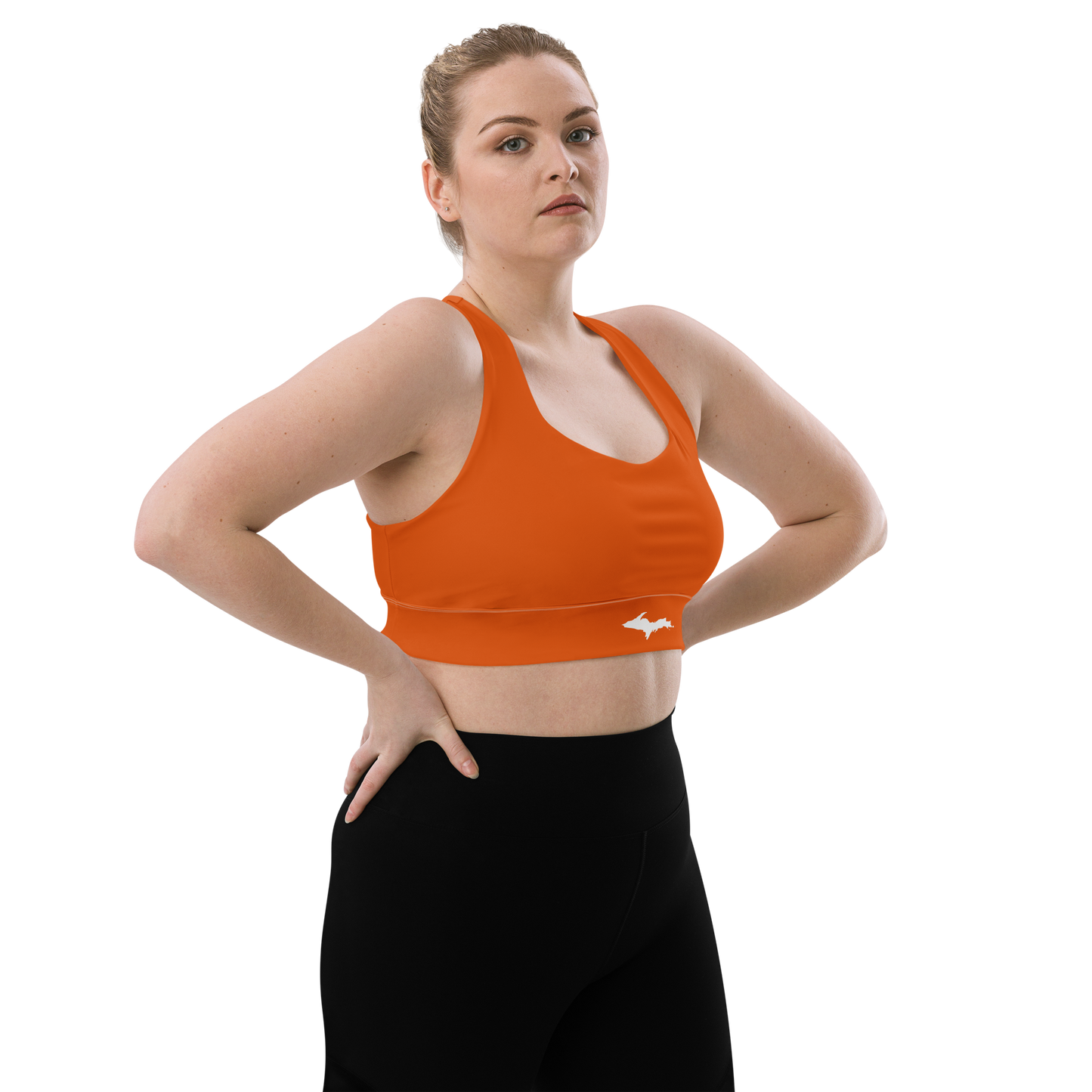 Michigan Upper Peninsula Longline Sports Bra (w/ UP Outline) | Maple Leaf Orange