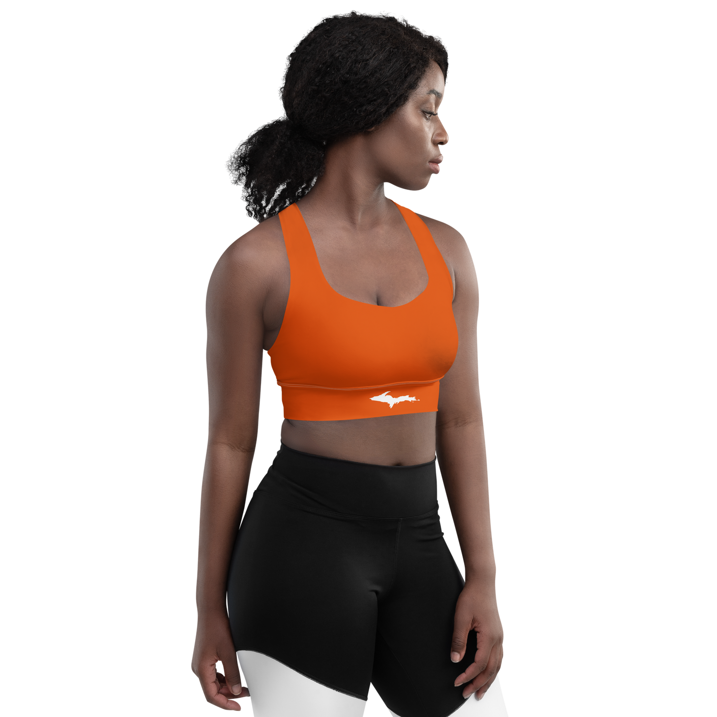 Michigan Upper Peninsula Longline Sports Bra (w/ UP Outline) | Maple Leaf Orange