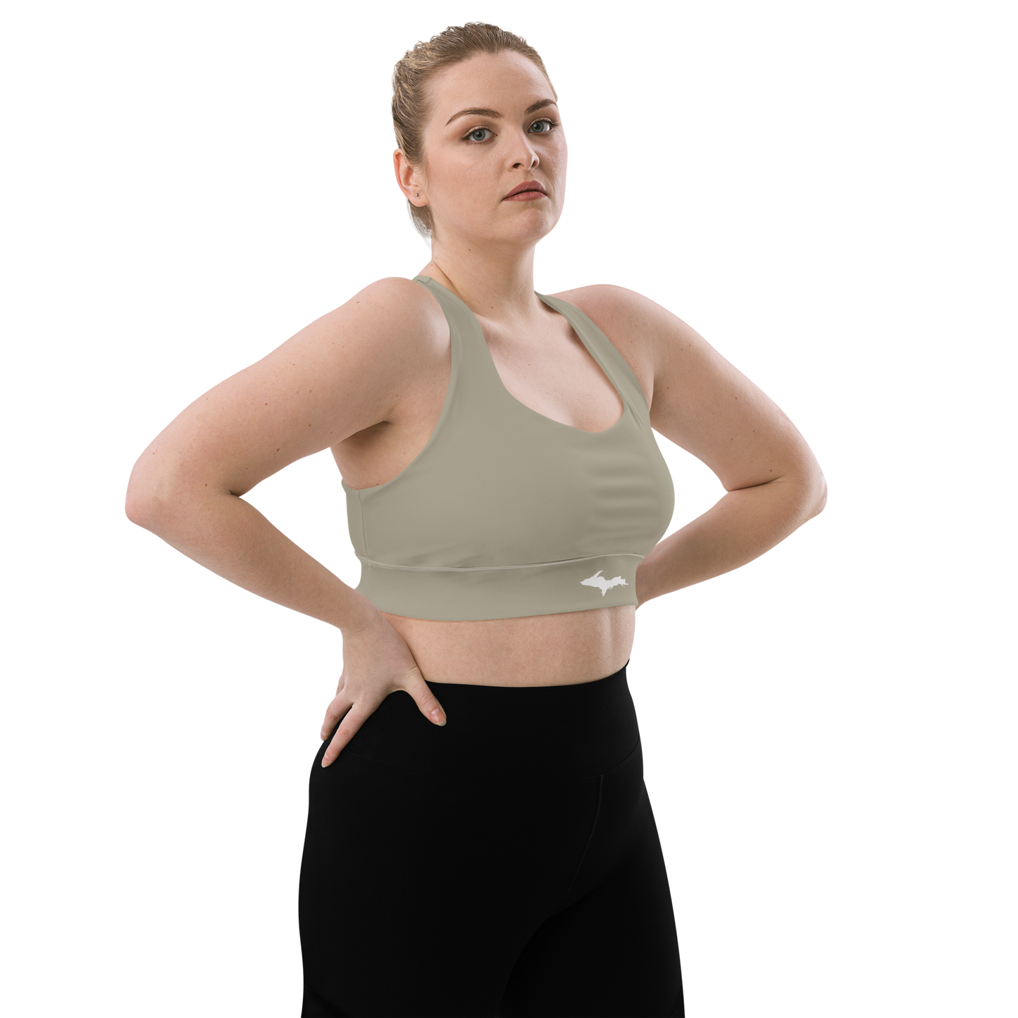 Michigan Upper Peninsula Longline Sports Bra (w/ UP Outline) | Petoskey Stone Beige