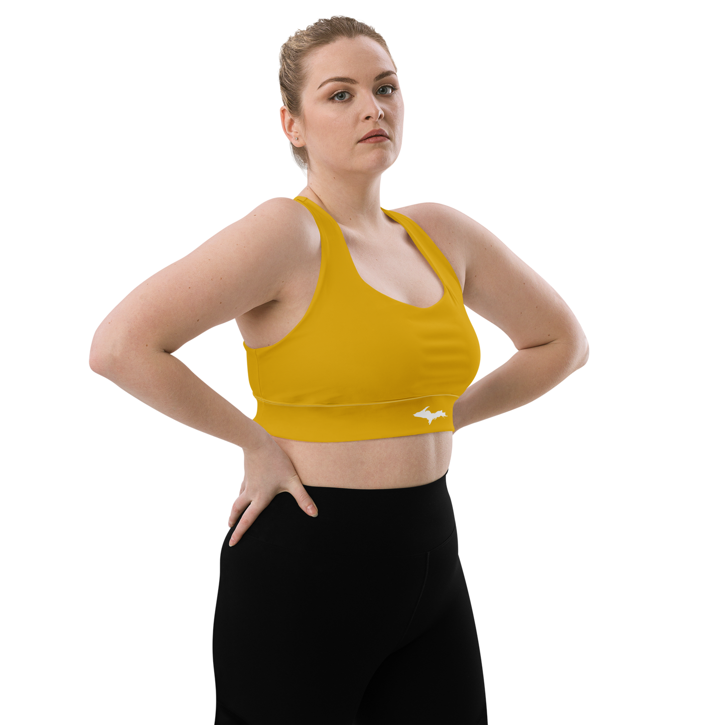 Michigan Upper Peninsula Longline Sports Bra (w/ UP Outline) | Gold