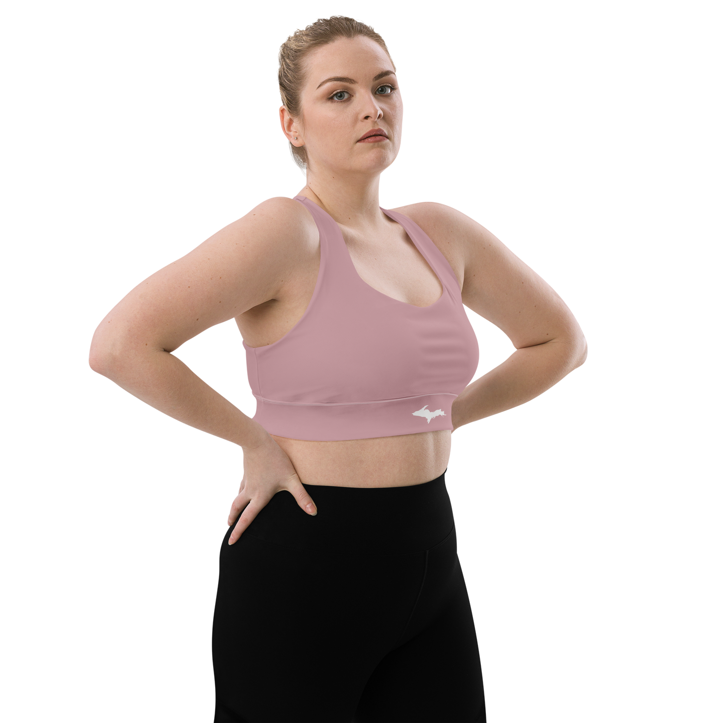 Michigan Upper Peninsula Longline Sports Bra (w/ UP Outline) | Cherry Blossom Pink